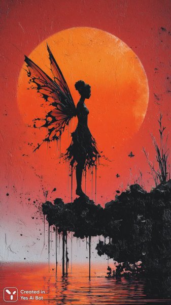 Закат в волшебном свете: Фея на острове под черным зонтом. Генерация из нейросети Миджорни