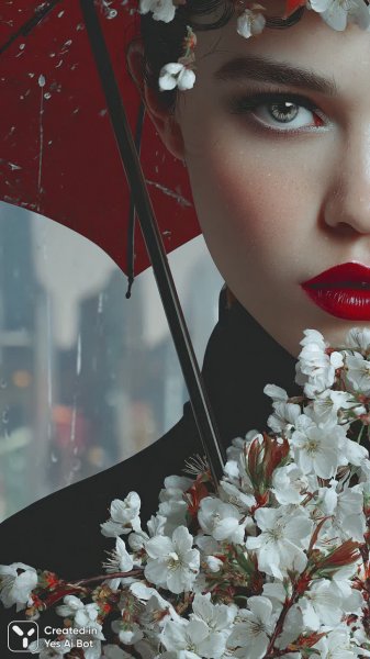 Городской шик: двойное воздействие с красными губами и цветами под зонтом. Нейронная сеть Миджорни