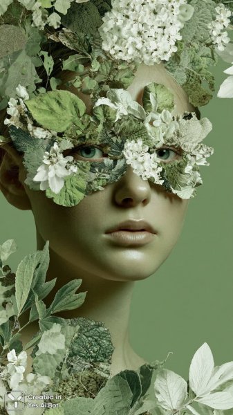 Загадочный взгляд сквозь листву и цветы: сюрреалистический портрет в двойной экспозиции. Изображение из нейронной сети Миджорни