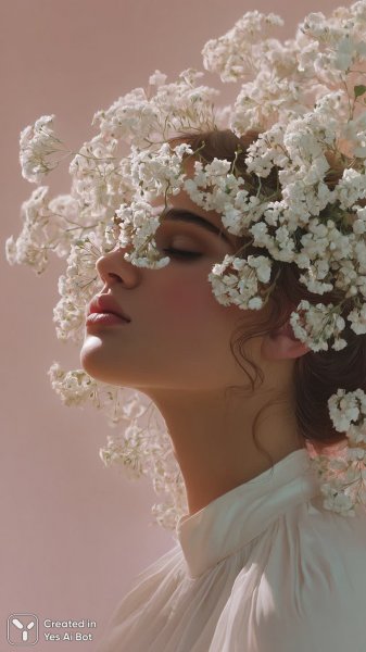 Нежная красота в кристальной короне и цветочной вуали: сюрреалистичный портрет. Картинка из нейронной сети Midjourney