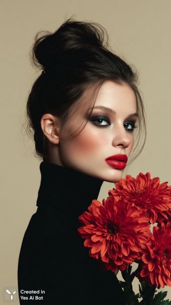 Элегантный портрет с красными цветами и ярким макияжем в стиле гламур. Генерация из нейронной сети Миджорни