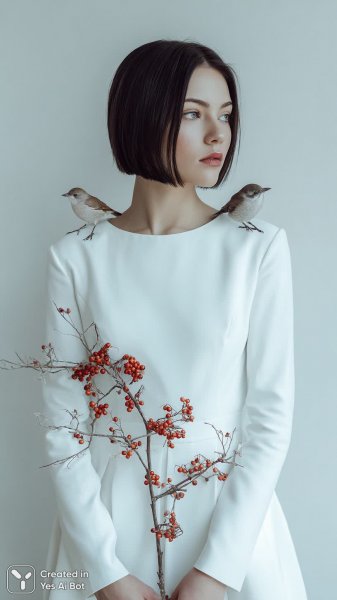 Портрет женщины в белом платье и загадочная атмосфера с птицами на ветке. Картинка из нейронной сети Миджорни