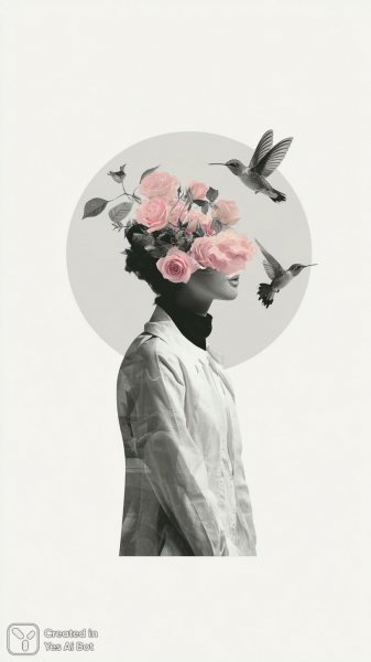 Нежная красота в пастельных тонах: двойная экспозиция с розами и колибри. Картинка из нейросети Midjourney