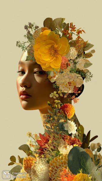 Яркий портрет с цветами и цифровой коллаж в стиле сюрреализма. Картинка из нейронной сети Midjourney