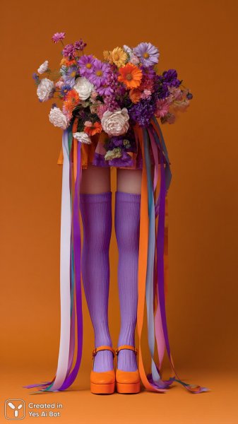 Яркий букет в фиолетовых носках и оранжевых каблуках на фоне апельсинового цвета. Генерация из нейросети Midjourney