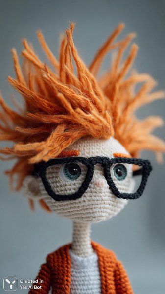 Милая кукла ручной работы с оранжевыми иголками волос и черными очками на простом фоне. Картинка из нейросети Миджорни