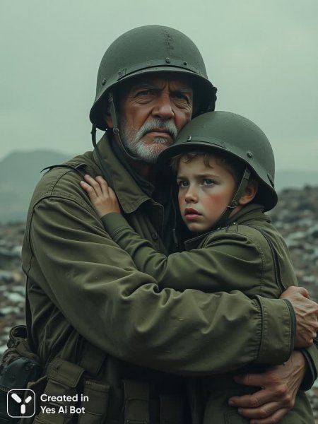Отец и сын в развалинах: портрет сквозь пелену войны и отчаяния. Картинка из нейронной сети Flux.1