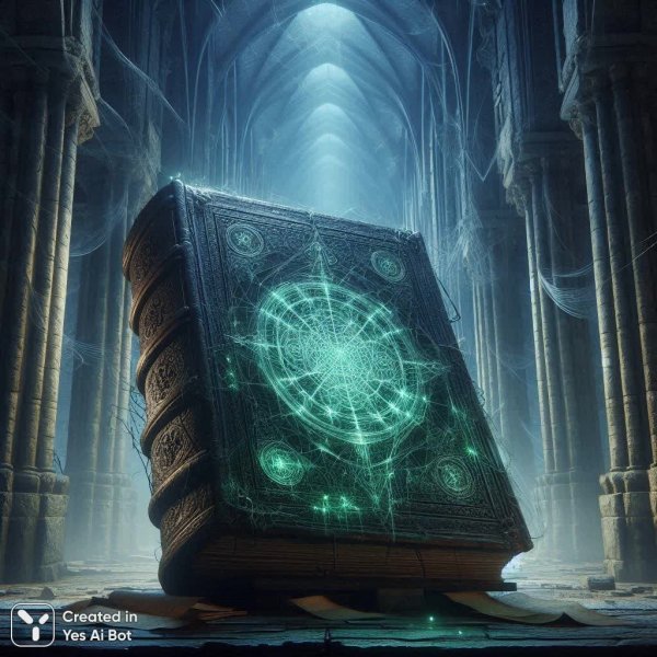 Таинственная книга древних знаний и забытых заклинаний в старинной библиотеке. Генерация из нейронной сети Dalle