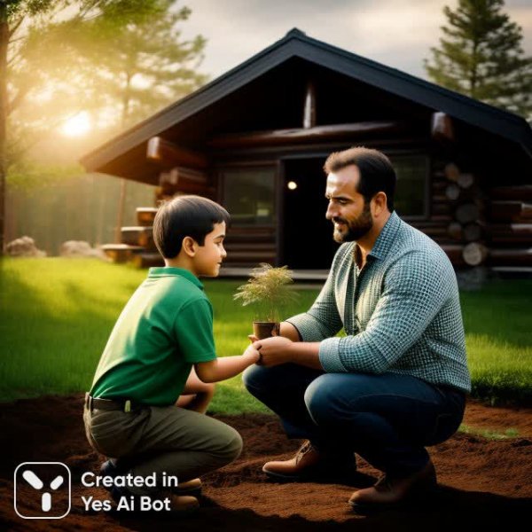 Отец и сын: посадка дерева, символ дома и семейного очага в золотом свете. Генерация из нейронной сети Stable Diffusion