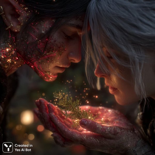 Встреча энергий: эльфийская магия и сила природы в едином касании. Изображение из нейросети Midjourney