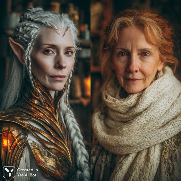 Эльфийка и травница в уютном доме: магия огня и земли. Изображение из нейронной сети Midjourney