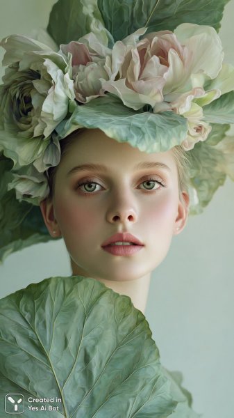 Портрет нежности и мечтательных цветов с увязанными листьями вокруг лица. Изображение из нейронной сети Midjourney