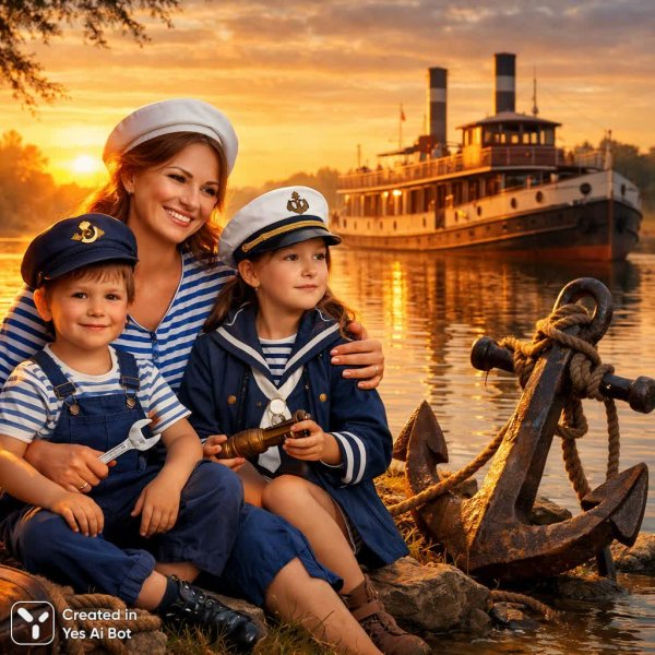 Семья у реки: традиции мореплавания и связь времен. Генерация из нейронной сети Sora images Ai