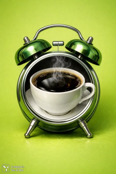 Кофейный будильник: сюрреалистическое утро в изумрудных тонах. Нейросеть Sora Image