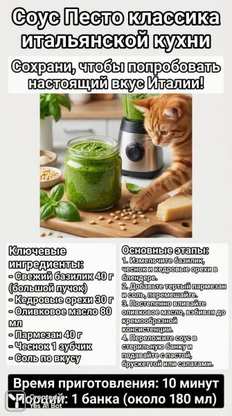 Итальянский соус песто: простой рецепт домашнего приготовления за 10 минут с котиком-помощником. Изображение из нейронной сети Нано Банана