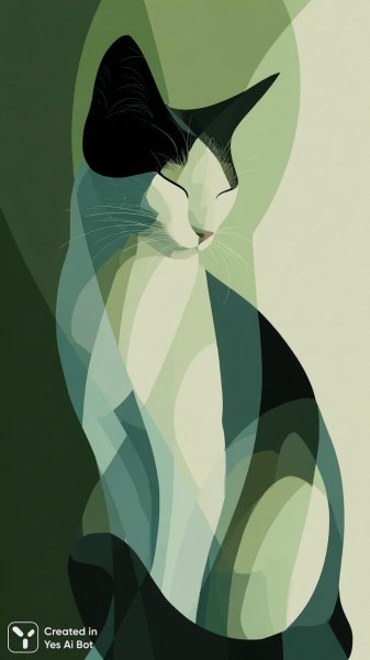 Черно-белый кот: минимализм и геометрия на зеленом фоне. Картинка из нейронной сети Midjourney