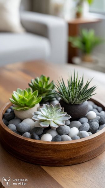 Деревянный поднос с суккулентами и декоративными камнями в интерьере. Генерация из нейросети Midjourney