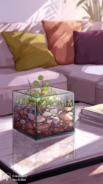 Террариум с зеленью и камнями: уголок спокойствия в солнечном свете. Нейросеть Миджорни