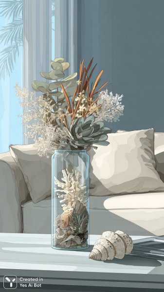 Богемный интерьер с суккулентами и ракушками у дивана. Нейронная сеть Миджорни