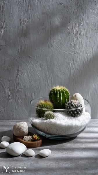 Миниатюрный кактус в стеклянной чаше: гармония и спокойствие дзен-стиля. Генерация из нейросети Midjourney