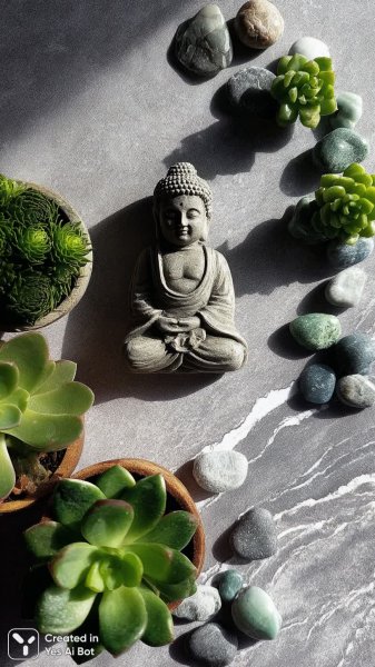 Медитативный уголок с буддой и суккулентами. Нейросеть Midjourney