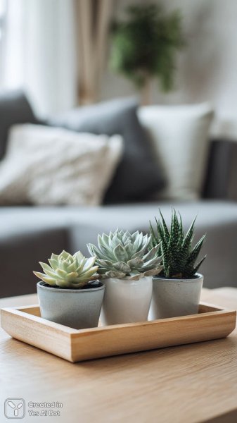 Суккуленты на деревянном подносе в интерьере гостиной. Изображение из нейронной сети Миджорни