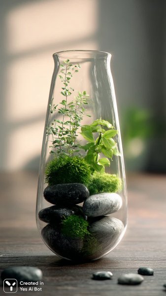 Изысканная композиция зелени в стеклянной вазе с природным освещением. Нейронная сеть Midjourney