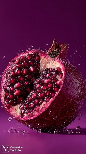 Сочные зерна граната, капли воды, макросъемка, насыщенный фиолетовый фон, яркие цвета и захватывающие текстуры. Картинка из нейросети Midjourney