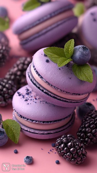 Макаруны с мятой и ягодами: фотореалистичный десерт крупным планом. Картинка из нейросети Midjourney