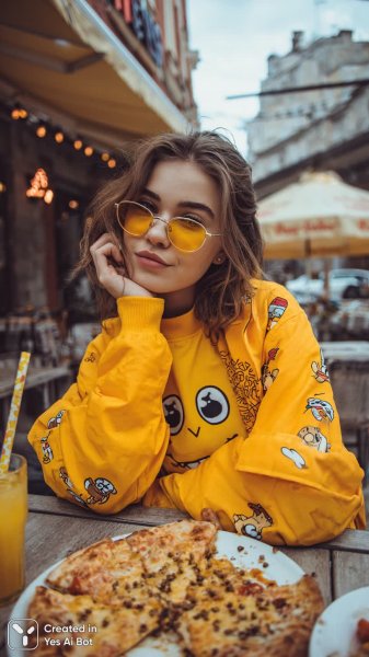 Девушка с пиццей и ярким настроением в солнечном городе. Нейросеть Midjourney