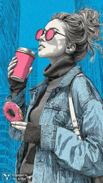 Девушка с пончиком и кофе в ярком городском стиле. Картинка из нейросети Midjourney