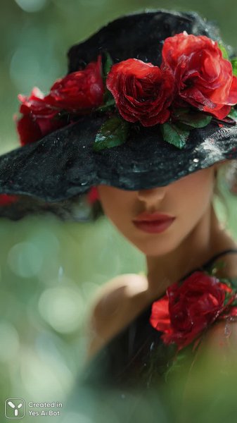 Роскошный образ с черной шляпой и розами в стиле сюрреализма. Изображение из нейросети Миджорни