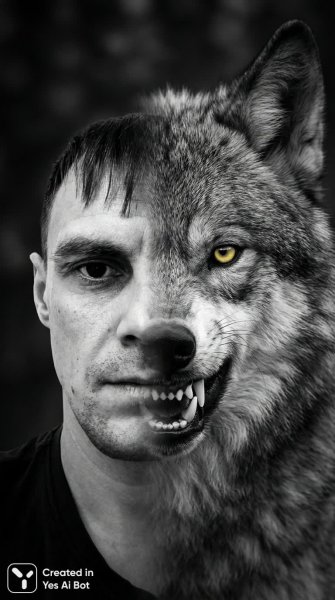 Волчий взгляд: симбиоз человека и зверя в черно-белом портрете. Нейросеть Нано Банана