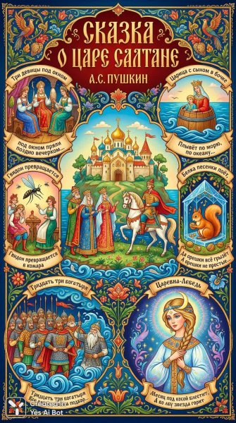 Сказка о Салтане: волшебная иллюстрация для юных читателей. Изображение из нейросети NanoBanana