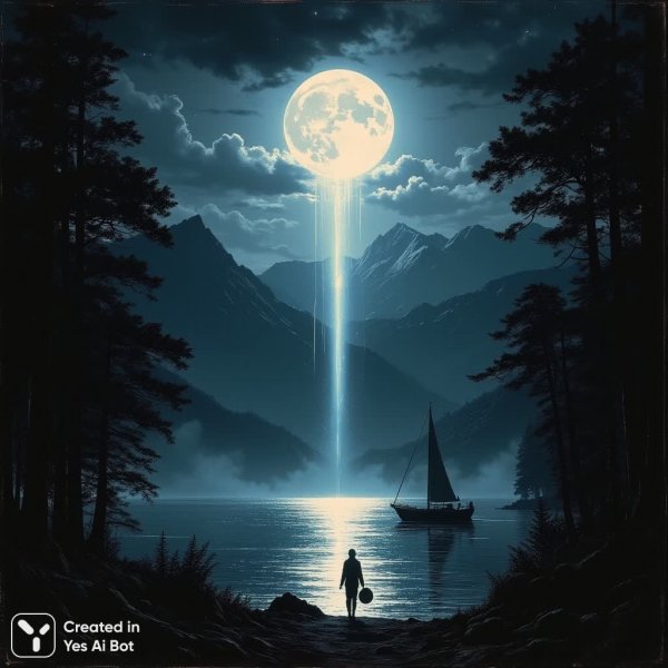 Лунный пейзаж: спокойствие и таинственная ночная прогулка на озере под полной луной. Генерация из нейросети Flux.1