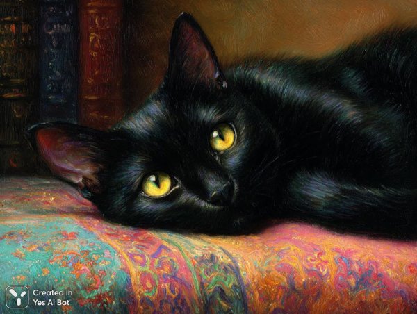 Черный кот на подушке: умиротворение и красота импрессионизма. Изображение из нейросети Midjourney