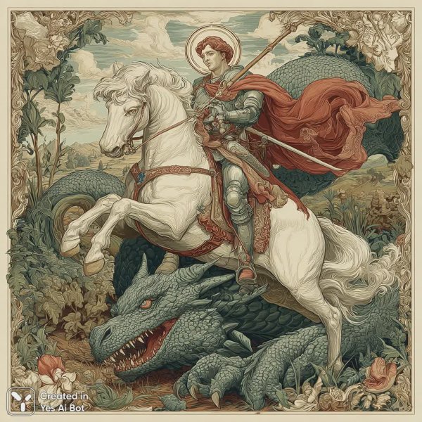 Святой Георгий и дракон: Классическая иллюстрация в стиле модерн. Генерация из нейросети Миджорни