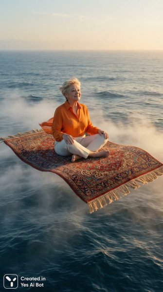 Волшебный ковер над океаном: утреннее путешествие в золотом свете. Генерация из нейросети NanoBanana