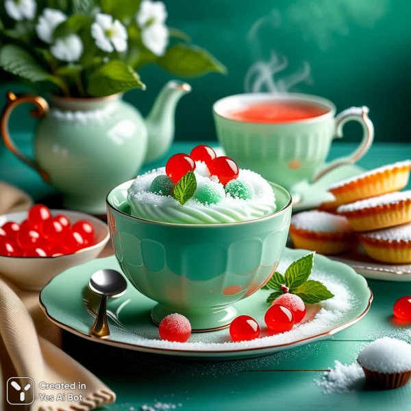 Зимний десерт в стиле уютного реализма: пудинг с карамелью и теплым чаем. Генерация из нейронной сети Stable Diffusion