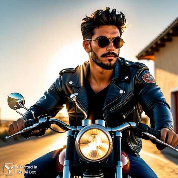 Мужчина на мотоцикле: кинематографичный снимок в золотом свете заката. Картинка из нейросети Stable Diffusion
