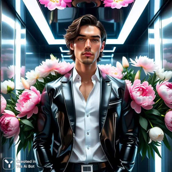 Мужчина с букетом пионов в современном лифте: гиперреализм и стиль Saint Laurent. Генерация из нейронной сети Stable Diffusion