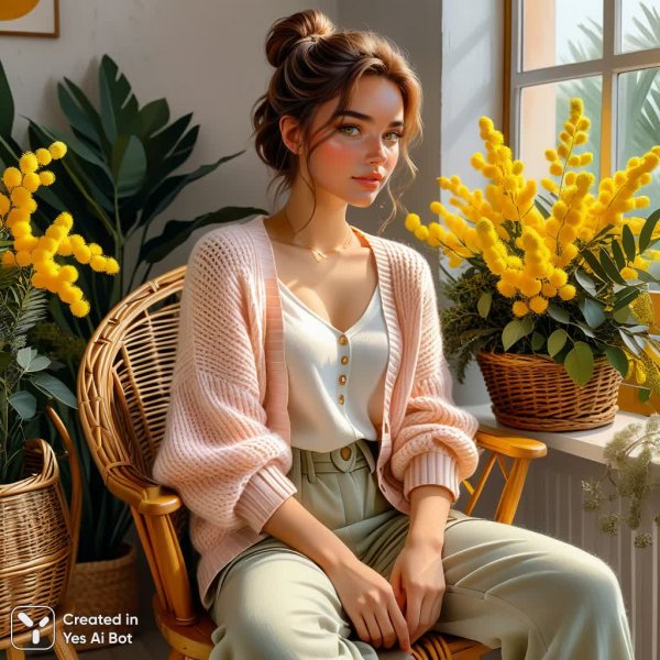 Весеннее настроение: уют и нежность в студийном портрете с мимозой. Нейросеть Stable Diffusion