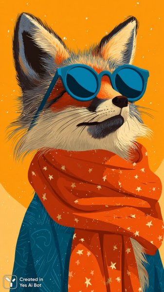 Лиса в оранжевом шарфе с яркими звёздами и стильными солнцезащитными очками. Картинка из нейросети Midjourney