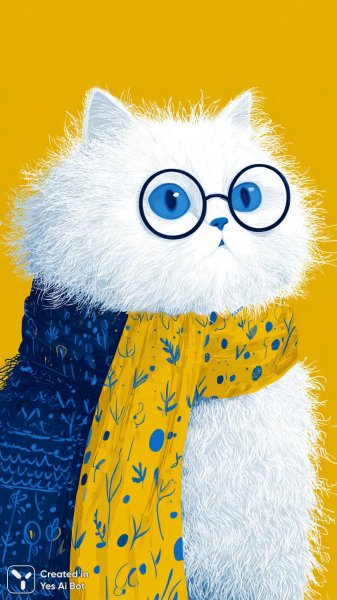 Пушистый кот в очках: яркий аксессуар и минимализм иллюстрации. Нейросеть Midjourney