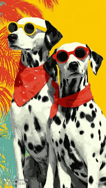 Далмацианская парочка в стиле поп-арт: яркие краски тропиков и необычные узоры на шерсти. Изображение из нейросети Миджорни