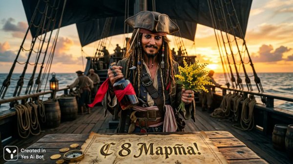 Джек Воробей: Закат на Черной Жемчужине и поздравления с 8 марта. Картинка из нейросети Nano Banana