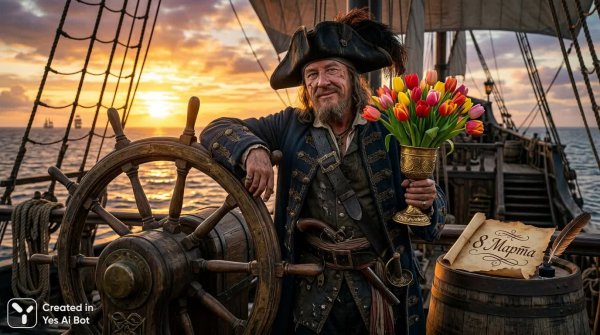Гектор Барбосса и тюльпаны: пиратский сюрприз на закате. Картинка из нейросети Нано Банана