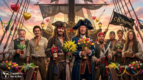 Пиратская команда поздравляет с Международным женским днем на Черной жемчужине. Генерация из нейронной сети Nano Banana
