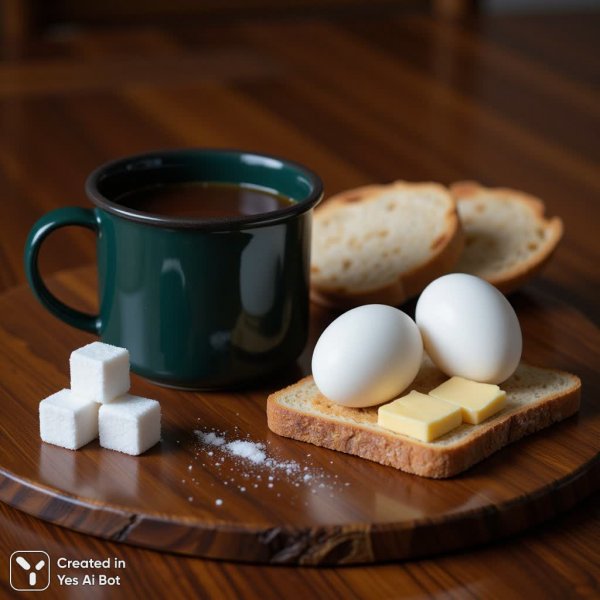 Утренний завтрак на деревянном столе: уют и простота в деталях. Изображение из нейросети Flux