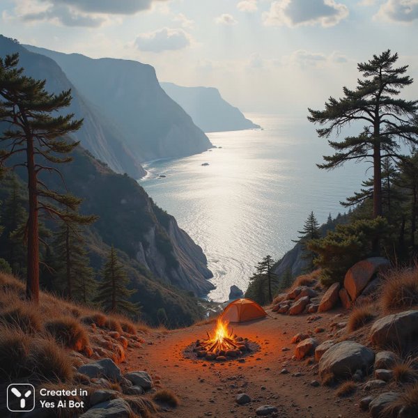 Спокойный морской пейзаж с костром и скалами на горизонте. Картинка из нейросети Flux